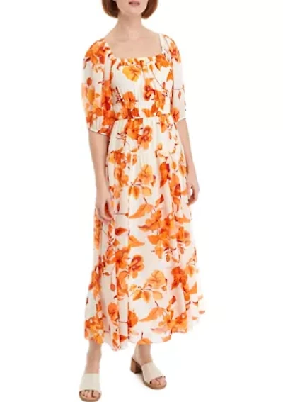 Women's 3/4 Sleeve Square Neck Print Midi Dress