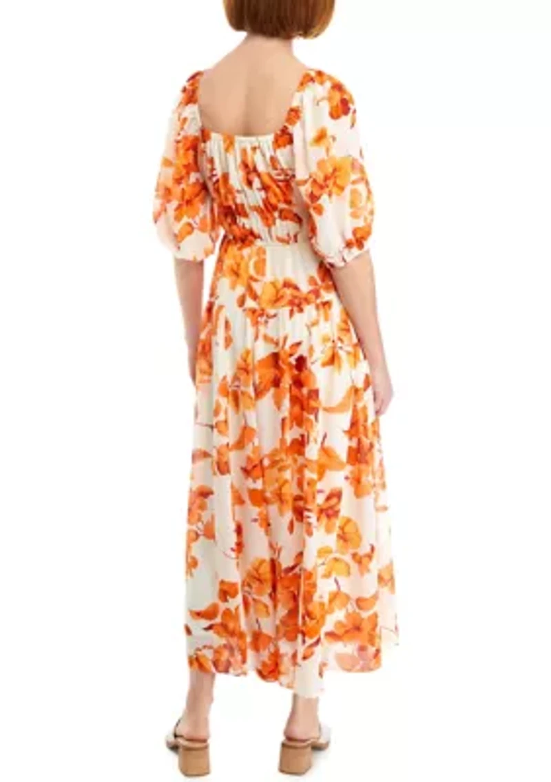 Women's 3/4 Sleeve Square Neck Print Midi Dress