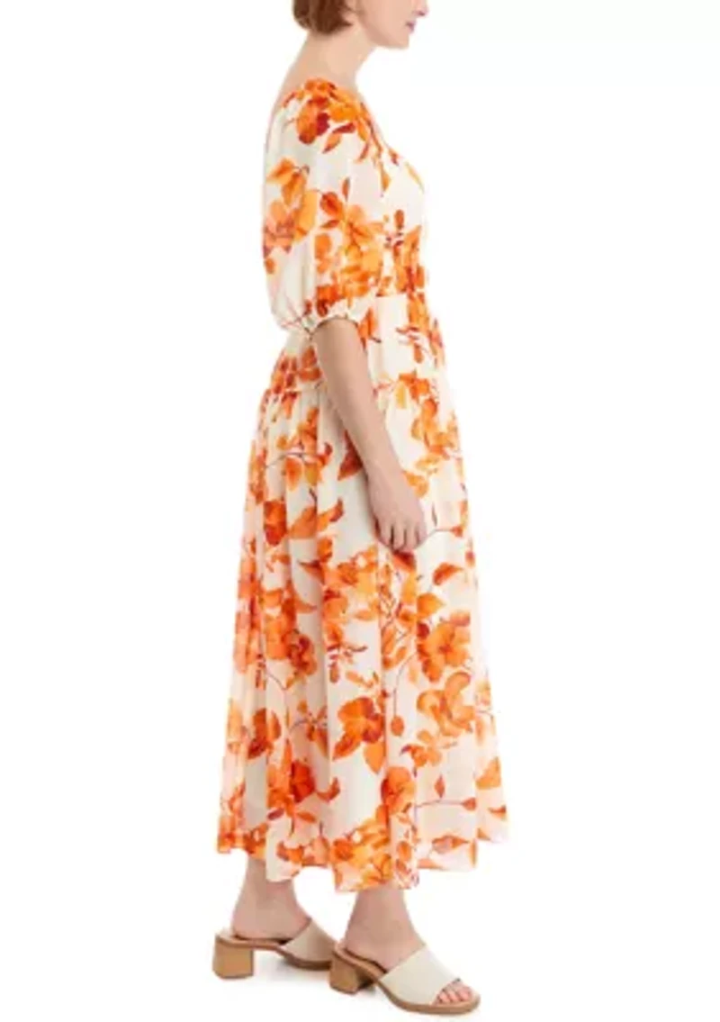 Women's 3/4 Sleeve Square Neck Print Midi Dress