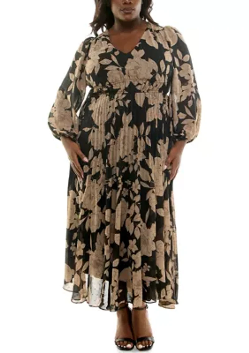 Plus Floral V-Neck A-Line Dress