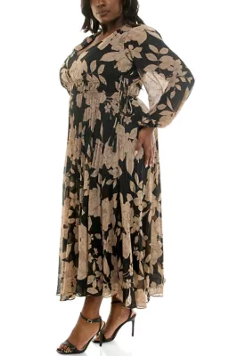 Plus Floral V-Neck A-Line Dress