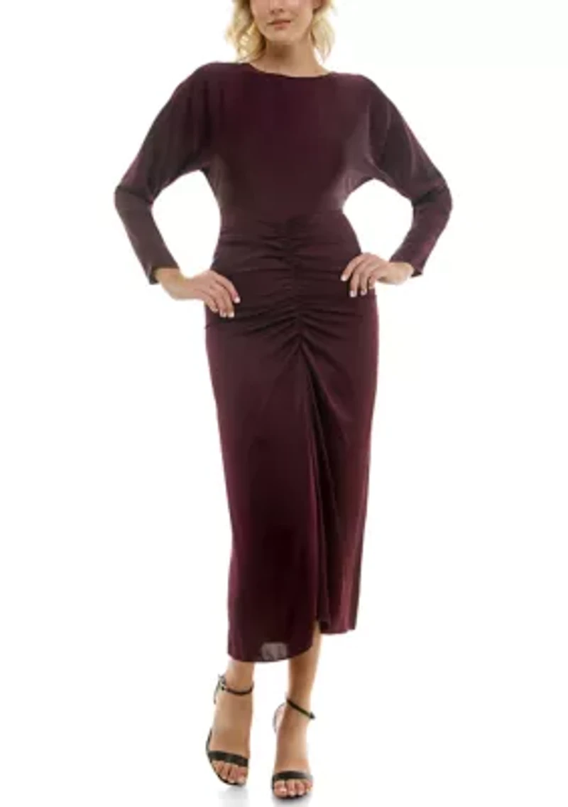 Women's Long Sleeve Crew Neck Solid Ruche Satin Midi Dress
