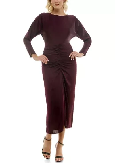 Women's Long Sleeve Crew Neck Solid Ruche Satin Midi Dress