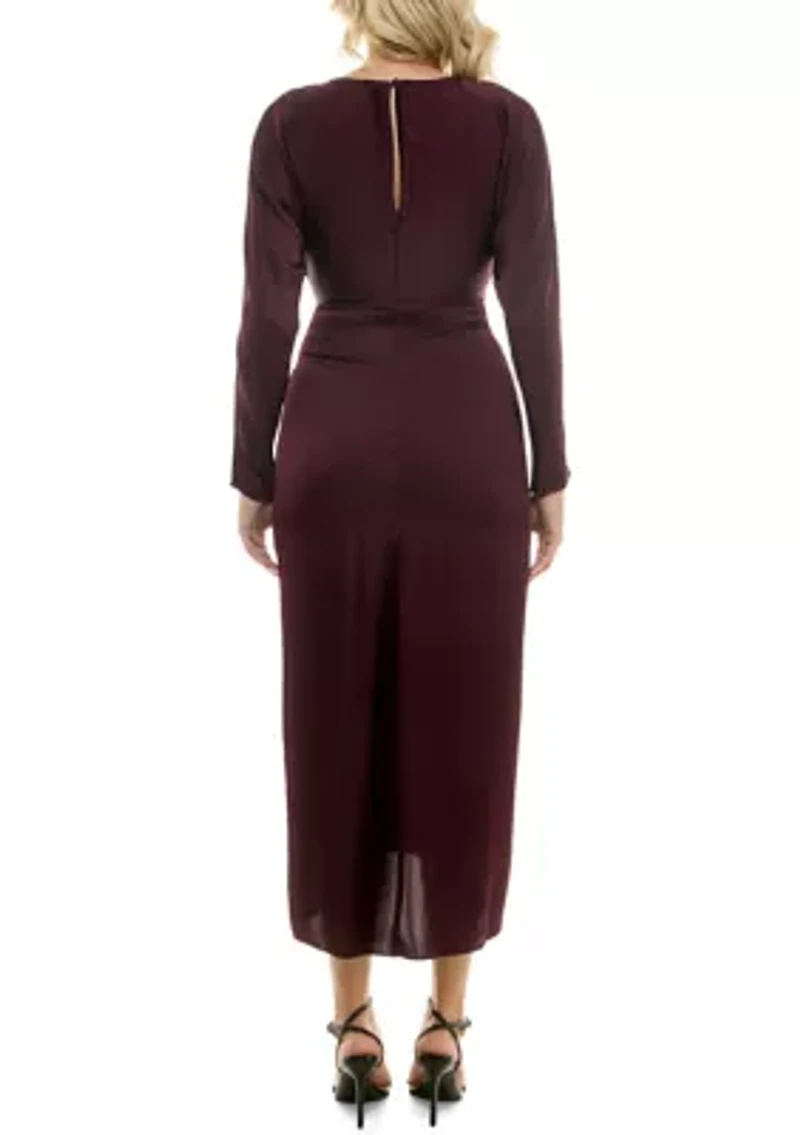 Women's Long Sleeve Crew Neck Solid Ruche Satin Midi Dress
