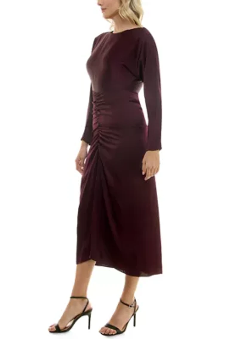 Women's Long Sleeve Crew Neck Solid Ruche Satin Midi Dress