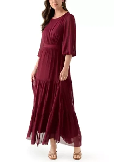 Women's 3/4 Sleeve Belted Tiered Bottom Midi Fit and Flare Dress