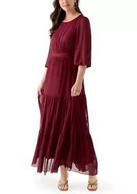 Women's 3/4 Sleeve Belted Tiered Bottom Midi Fit and Flare Dress