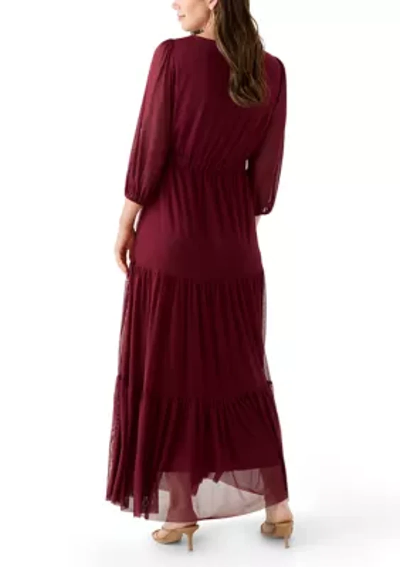 Women's 3/4 Sleeve Belted Tiered Bottom Midi Fit and Flare Dress