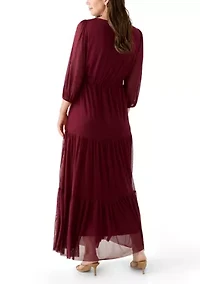 Women's 3/4 Sleeve Belted Tiered Bottom Midi Fit and Flare Dress