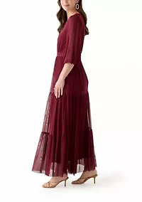 Women's 3/4 Sleeve Belted Tiered Bottom Midi Fit and Flare Dress