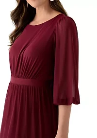 Women's 3/4 Sleeve Belted Tiered Bottom Midi Fit and Flare Dress