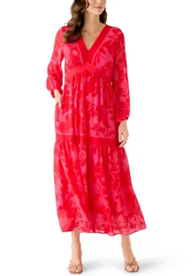 Women's Three-Quarter V-Neck Printed Chiffon Maxi Dress