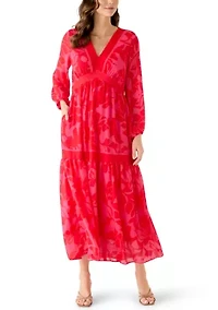 Women's Three-Quarter V-Neck Printed Chiffon Maxi Dress