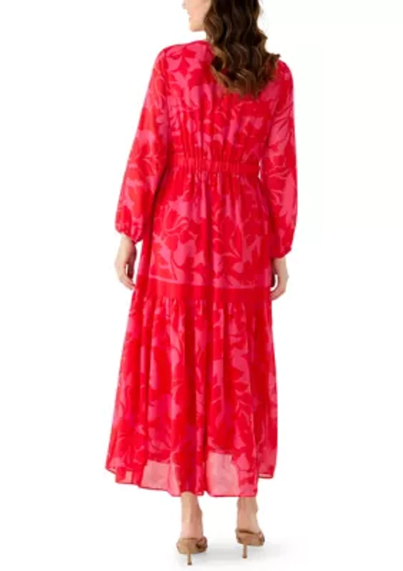 Women's Three-Quarter V-Neck Printed Chiffon Maxi Dress