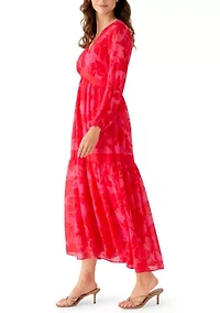 Women's Three-Quarter V-Neck Printed Chiffon Maxi Dress