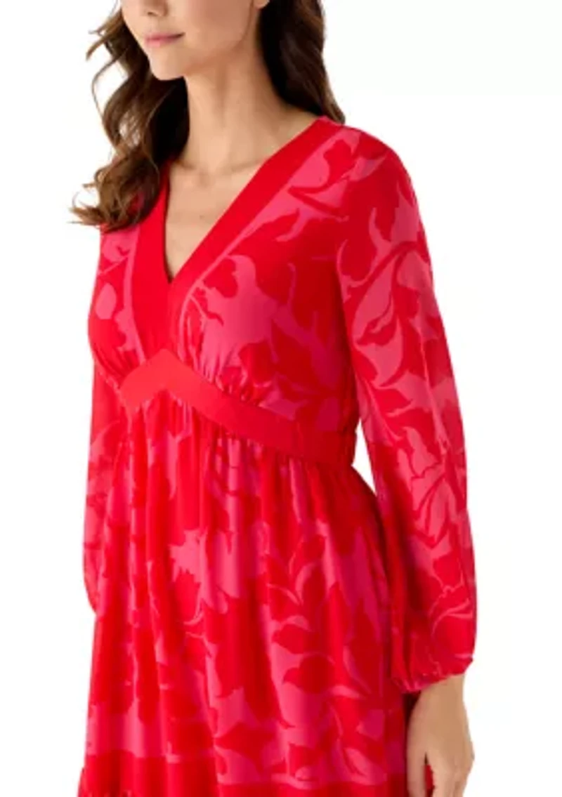 Women's Three-Quarter V-Neck Printed Chiffon Maxi Dress