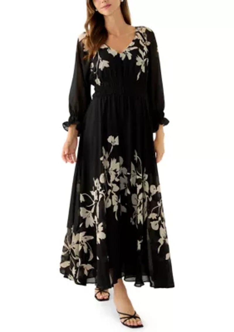 Women's Long Sleeve V-Neck Floral Print Maxi Dress