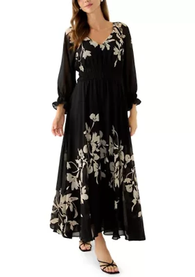 Women's Long Sleeve V-Neck Floral Print Maxi Dress