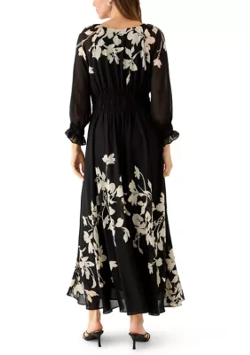 Women's Long Sleeve V-Neck Floral Print Maxi Dress