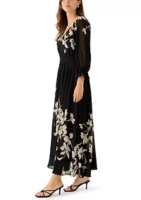 Women's Long Sleeve V-Neck Floral Print Maxi Dress