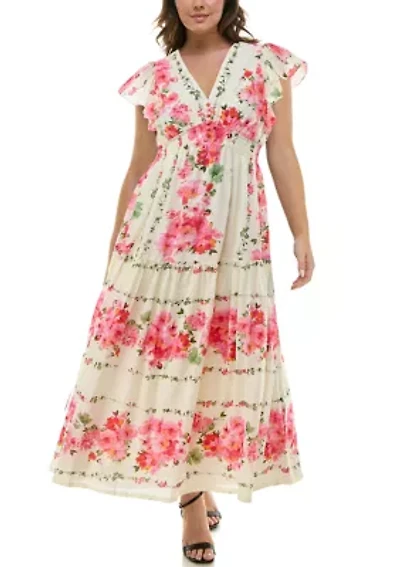 Plus Short Sleeve V-Neck Floral Print Fit and Flare Maxi Dress
