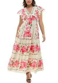 Plus Short Sleeve V-Neck Floral Print Fit and Flare Maxi Dress