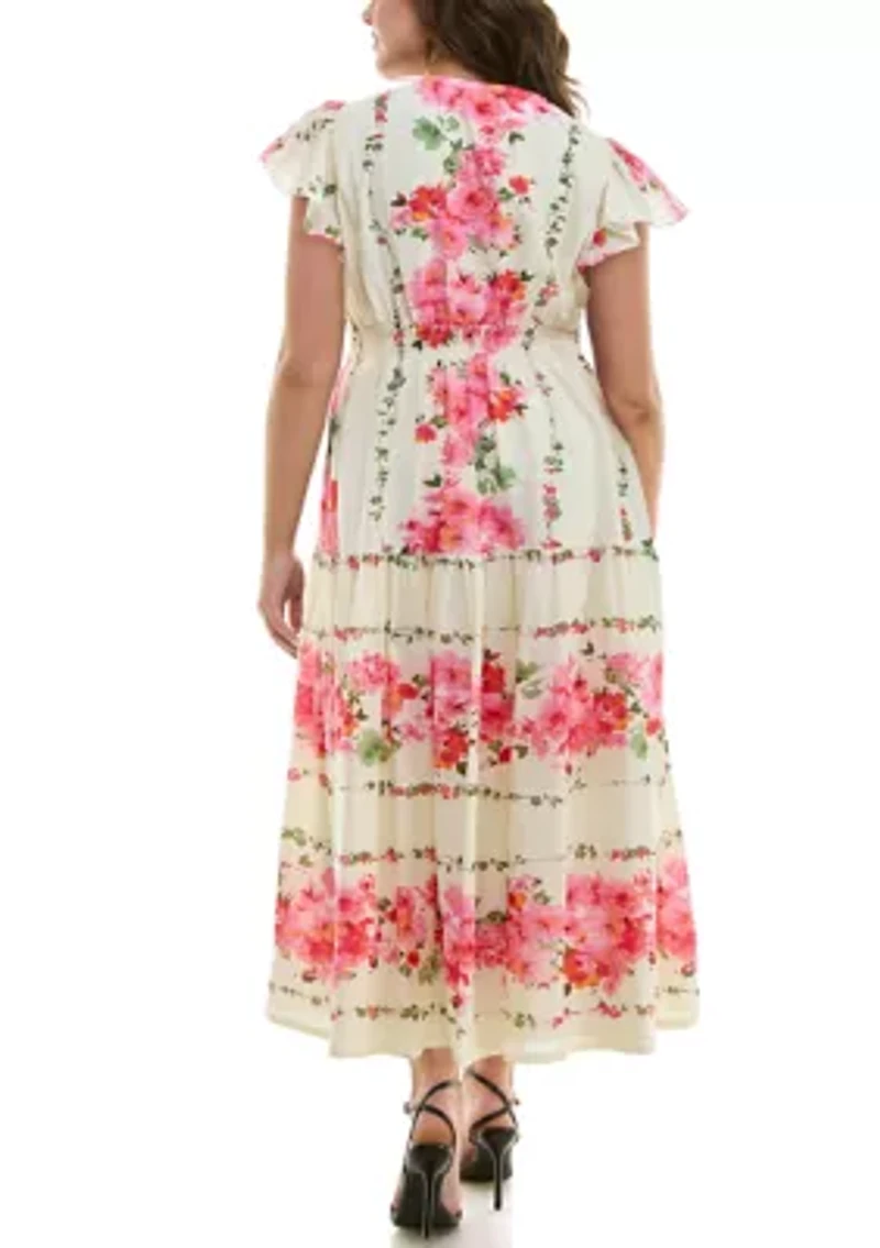 Plus Short Sleeve V-Neck Floral Print Fit and Flare Maxi Dress