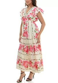 Plus Short Sleeve V-Neck Floral Print Fit and Flare Maxi Dress
