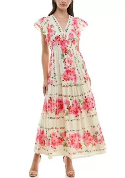 Women's Cap Sleeve V-Neck Floral Fit and Flare Dress