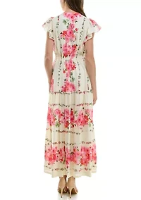 Women's Cap Sleeve V-Neck Floral Fit and Flare Dress