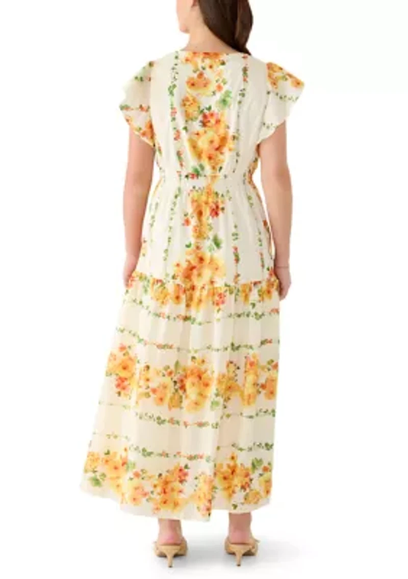 Women's Cap Sleeve V-Neck Floral Fit and Flare Dress