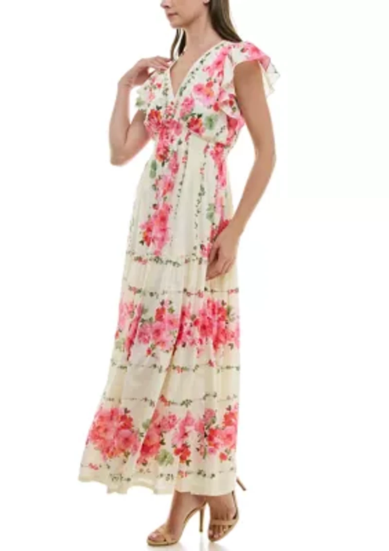 Women's Cap Sleeve V-Neck Floral Fit and Flare Dress