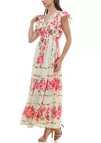 Women's Cap Sleeve V-Neck Floral Fit and Flare Dress