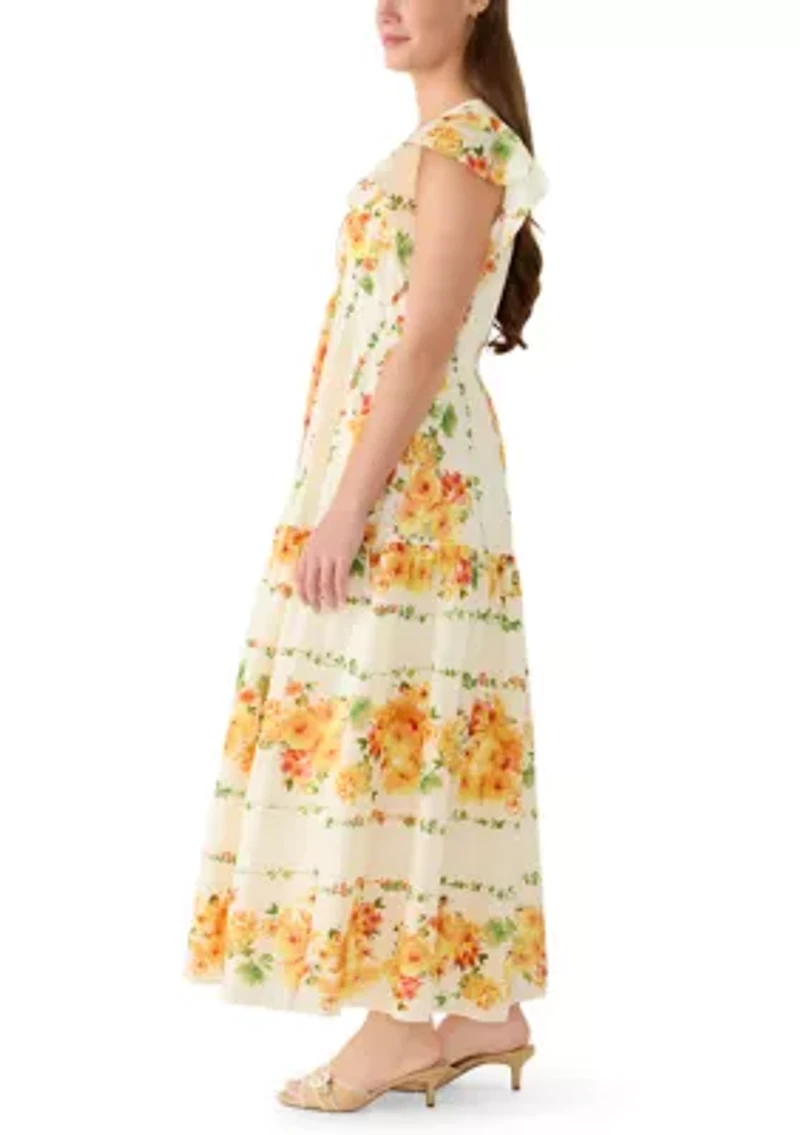 Women's Cap Sleeve V-Neck Floral Fit and Flare Dress