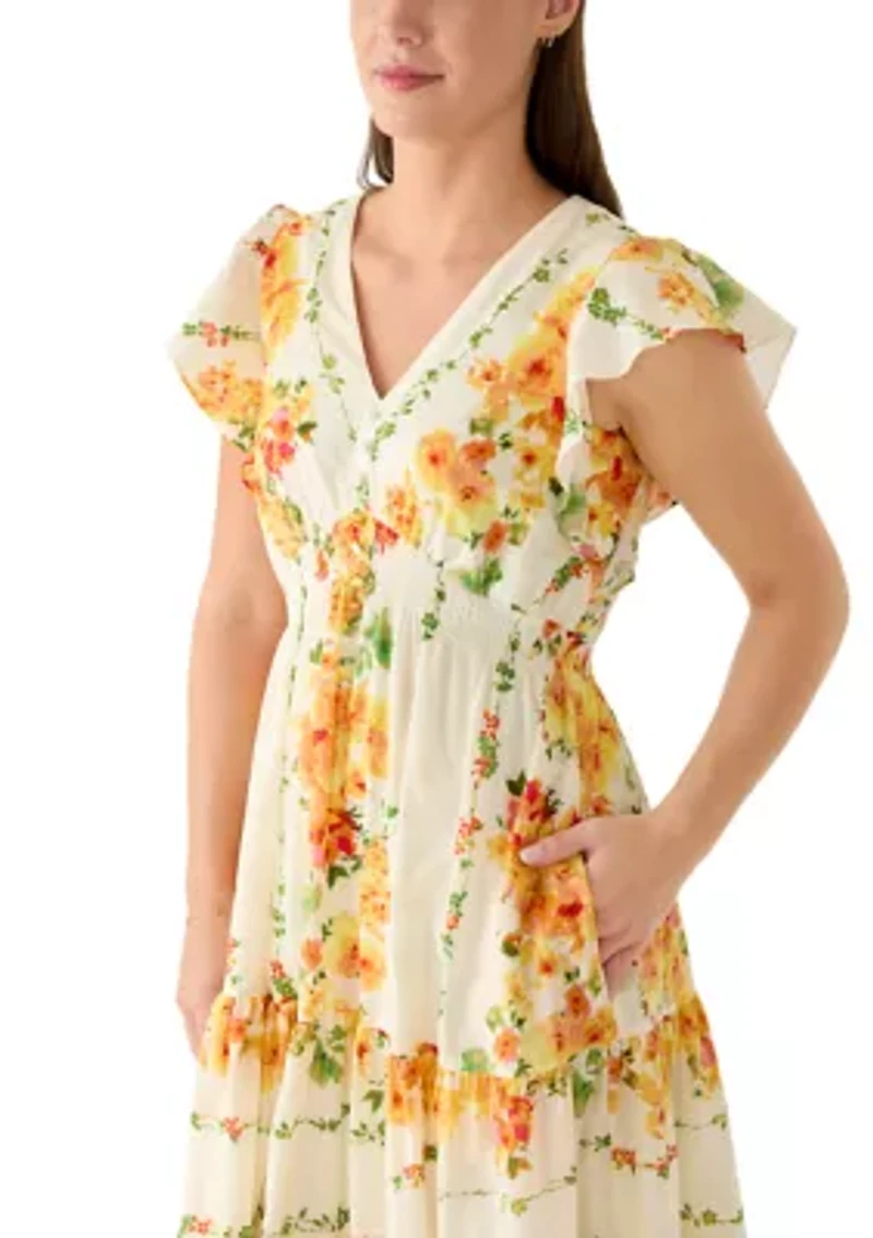 Women's Cap Sleeve V-Neck Floral Fit and Flare Dress