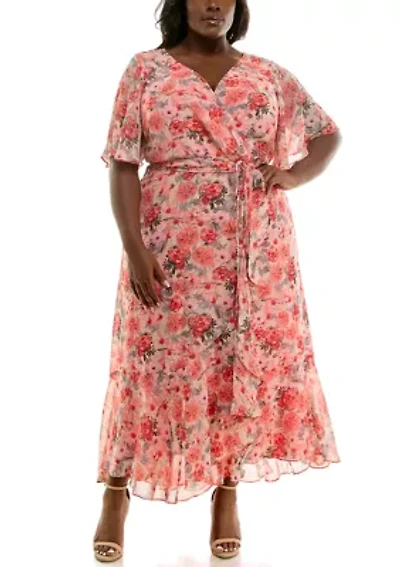 Plus Short Sleeve V-Neck Floral Print Chiffon Fit and Flare Maxi Dress