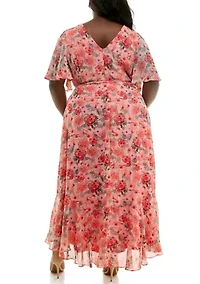 Plus Short Sleeve V-Neck Floral Print Chiffon Fit and Flare Maxi Dress