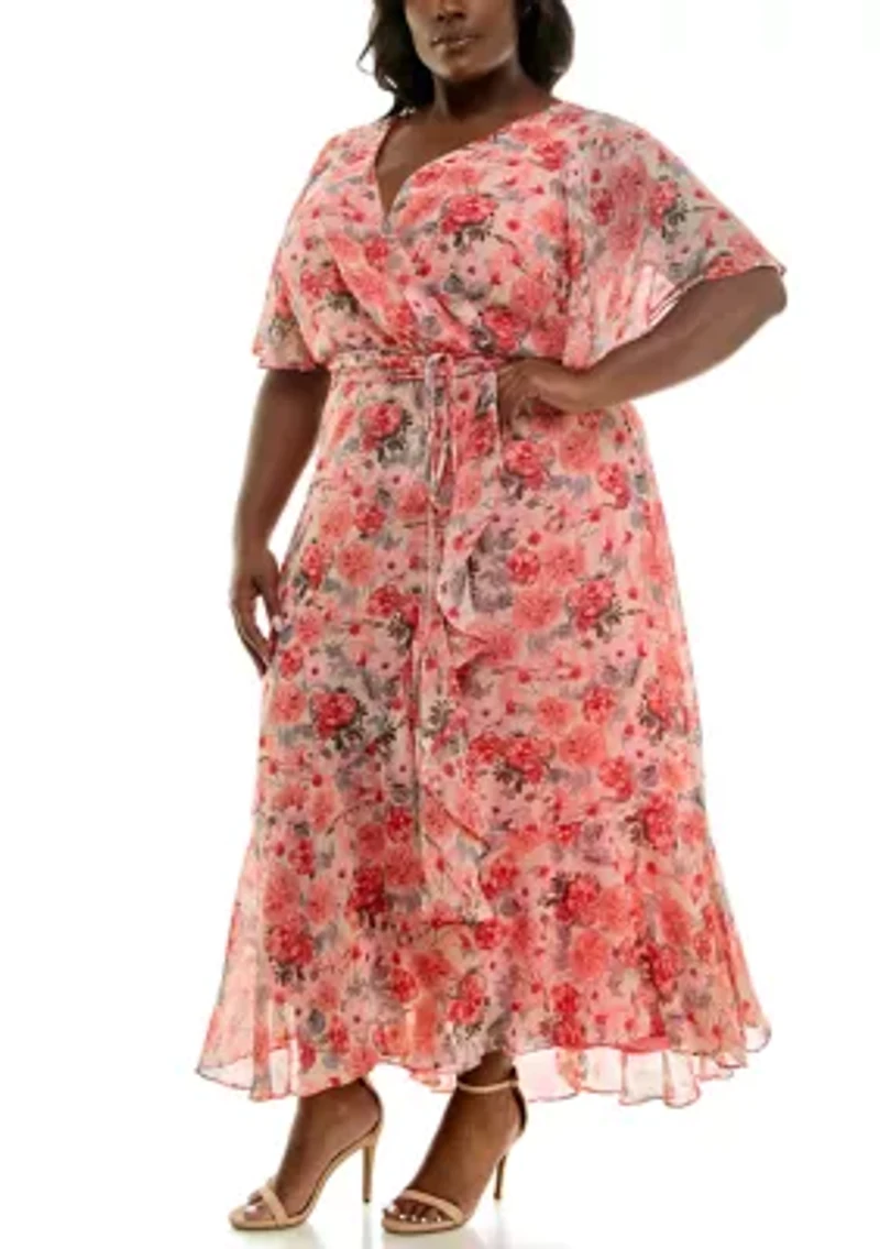 Plus Short Sleeve V-Neck Floral Print Chiffon Fit and Flare Maxi Dress