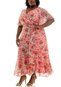 Plus Short Sleeve V-Neck Floral Print Chiffon Fit and Flare Maxi Dress