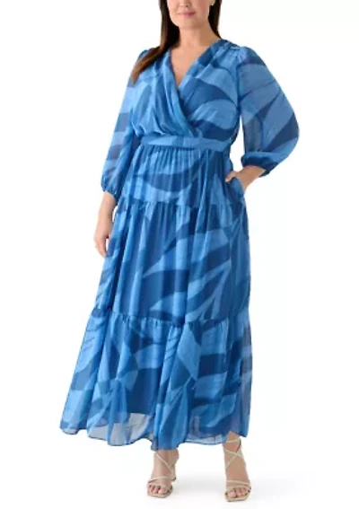 Plus 3/4 Sleeve V-Neck Floral Print Chiffon Fit and Flare Maxi Dress