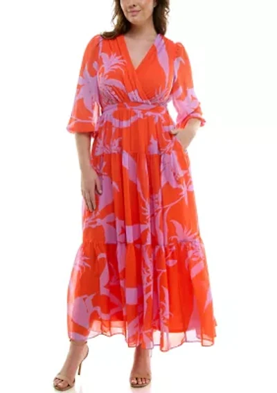 Plus 3/4 Sleeve V-Neck Floral Print Chiffon Fit and Flare Maxi Dress