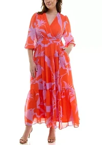 Plus 3/4 Sleeve V-Neck Floral Print Chiffon Fit and Flare Maxi Dress