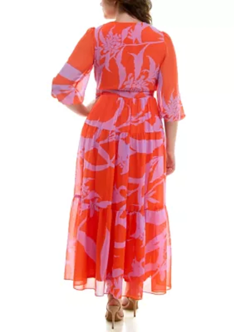 Plus 3/4 Sleeve V-Neck Floral Print Chiffon Fit and Flare Maxi Dress