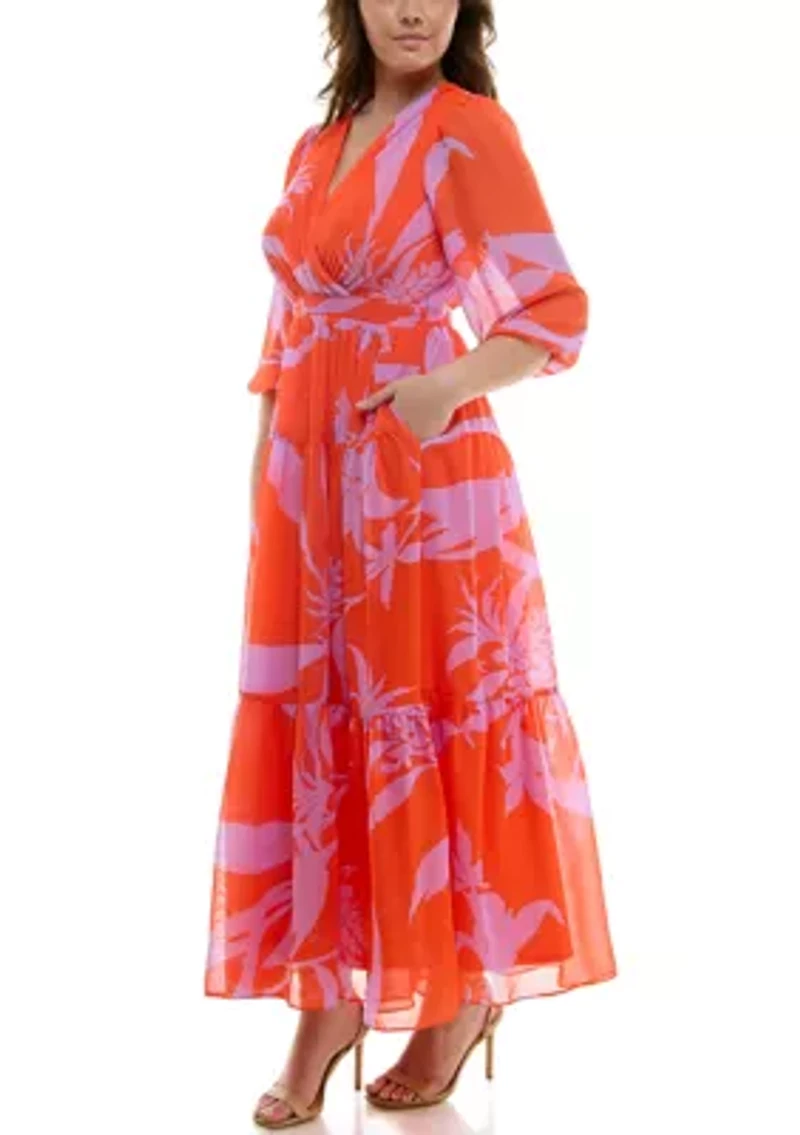 Plus 3/4 Sleeve V-Neck Floral Print Chiffon Fit and Flare Maxi Dress