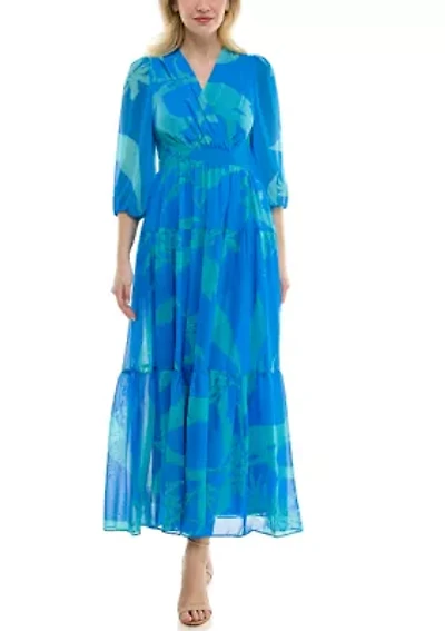 Women's 3/4 Sleeve V-Neck Floral Maxi Dress