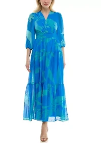 Women's 3/4 Sleeve V-Neck Floral Maxi Dress