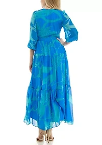 Women's 3/4 Sleeve V-Neck Floral Maxi Dress
