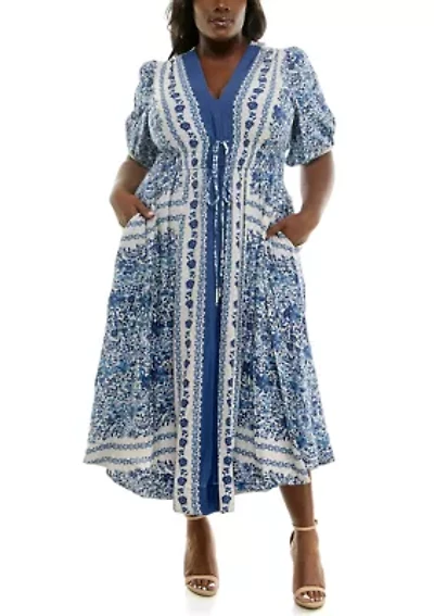 Plus Puff Sleeve V-Neck Fit and Flare Dress