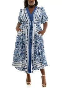 Plus Puff Sleeve V-Neck Fit and Flare Dress