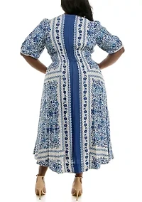 Plus Puff Sleeve V-Neck Fit and Flare Dress